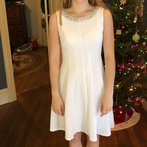 white formal dress metal and gem bead detail neck